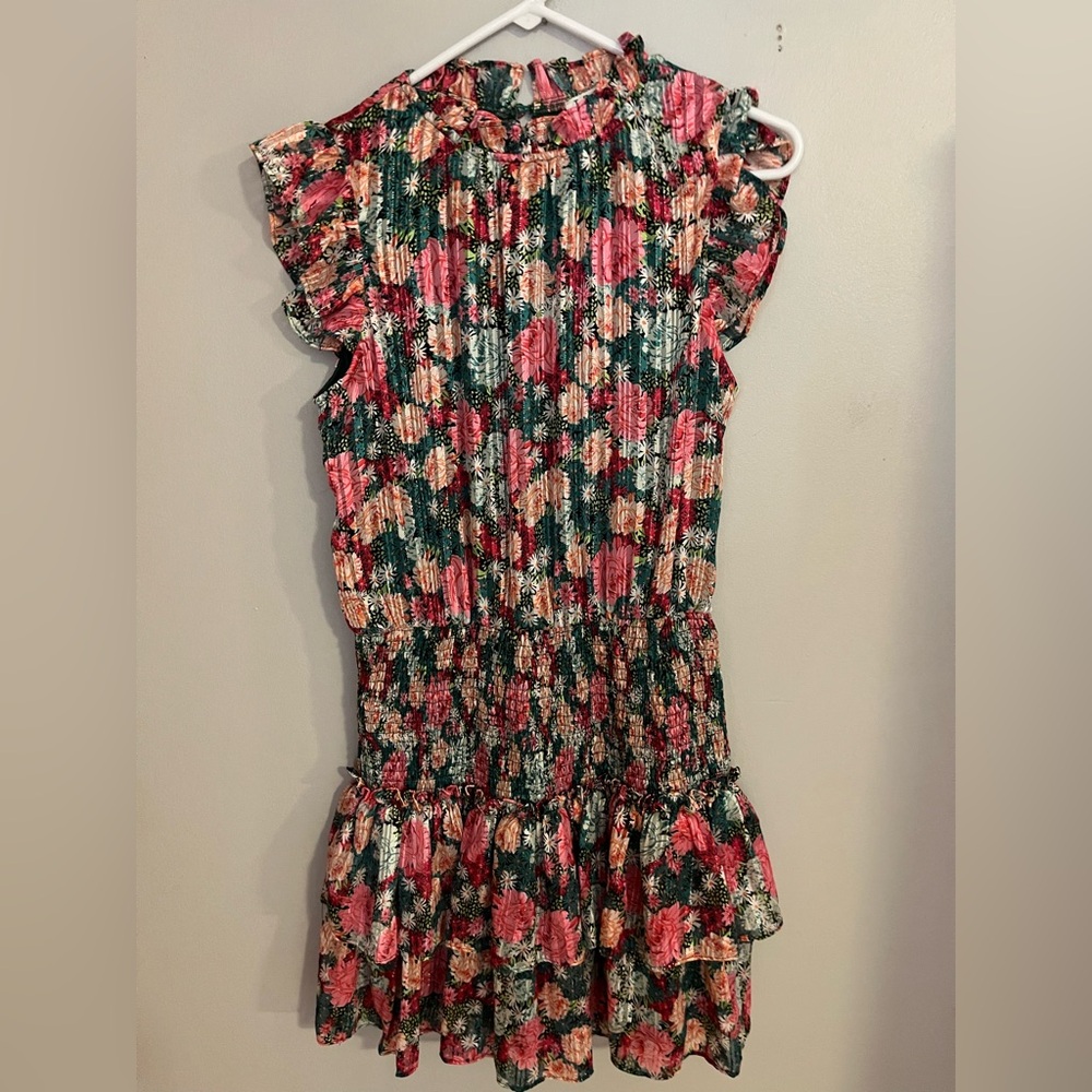 TCEC Floral Ruffle Sleeve Dress - Pink and Green